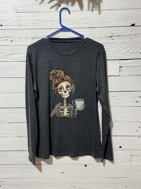Dark Gray Long Sleeve Tee with Skeleton Girl Coffee Graphic